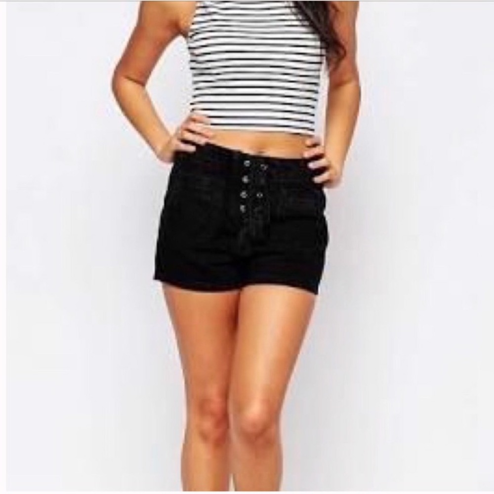 Brave Soul Denim Studio Mindy High Waisted Lace up Shorts Black 10/38 - Picture 2 of 11